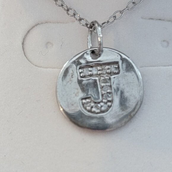 J Pendant Necklace in Silver Tone Metal w CZ Accents - Picture 2 of 13